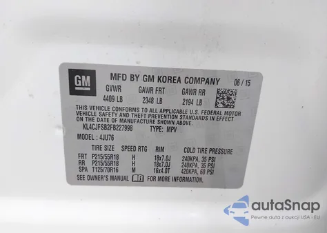 2015 Buick Encore Convenience from USA, damaged, VIN KL4CJFSB2FB227998